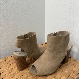 Brash Taupe Suede Open-Toe Block Heel Booties